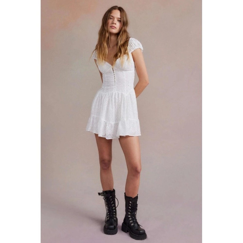 UO Kimchi Blue Leilani Eyelet Mini Dress Off Shoulder Smocked Back Cottagecore M - Picture 2 of 10